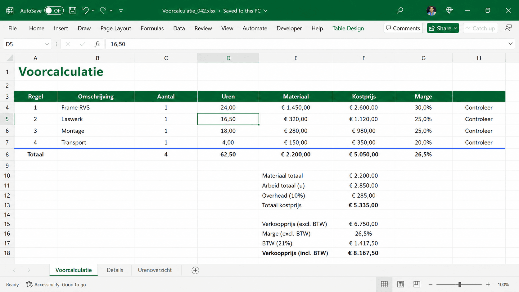 Een Excel-voorcalculatie waarin uren, materiaal, kostprijs en marge stap voor stap worden gecontroleerd.