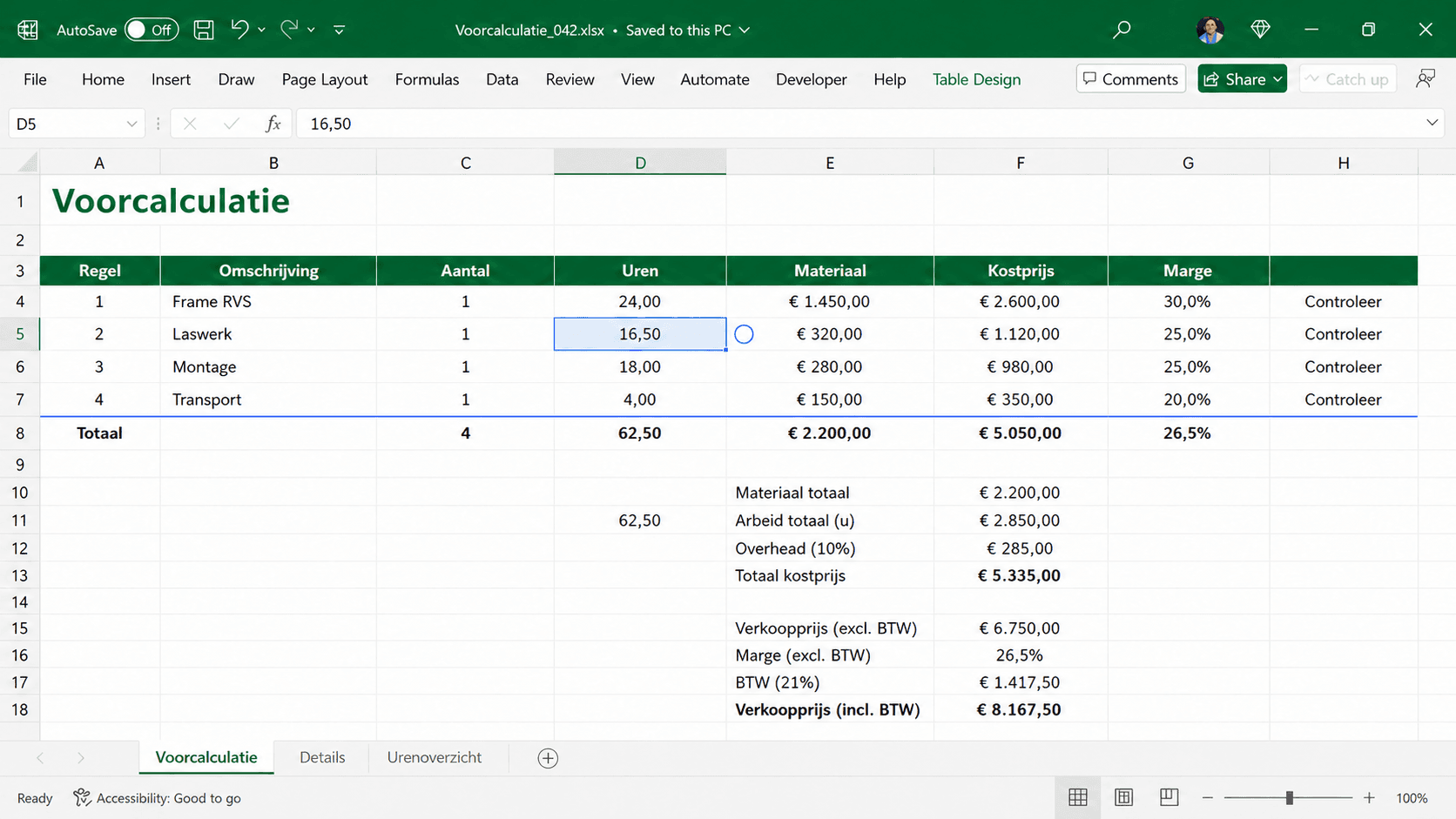 Een Excel-voorcalculatie waarin uren, materiaal, kostprijs en marge stap voor stap worden gecontroleerd.