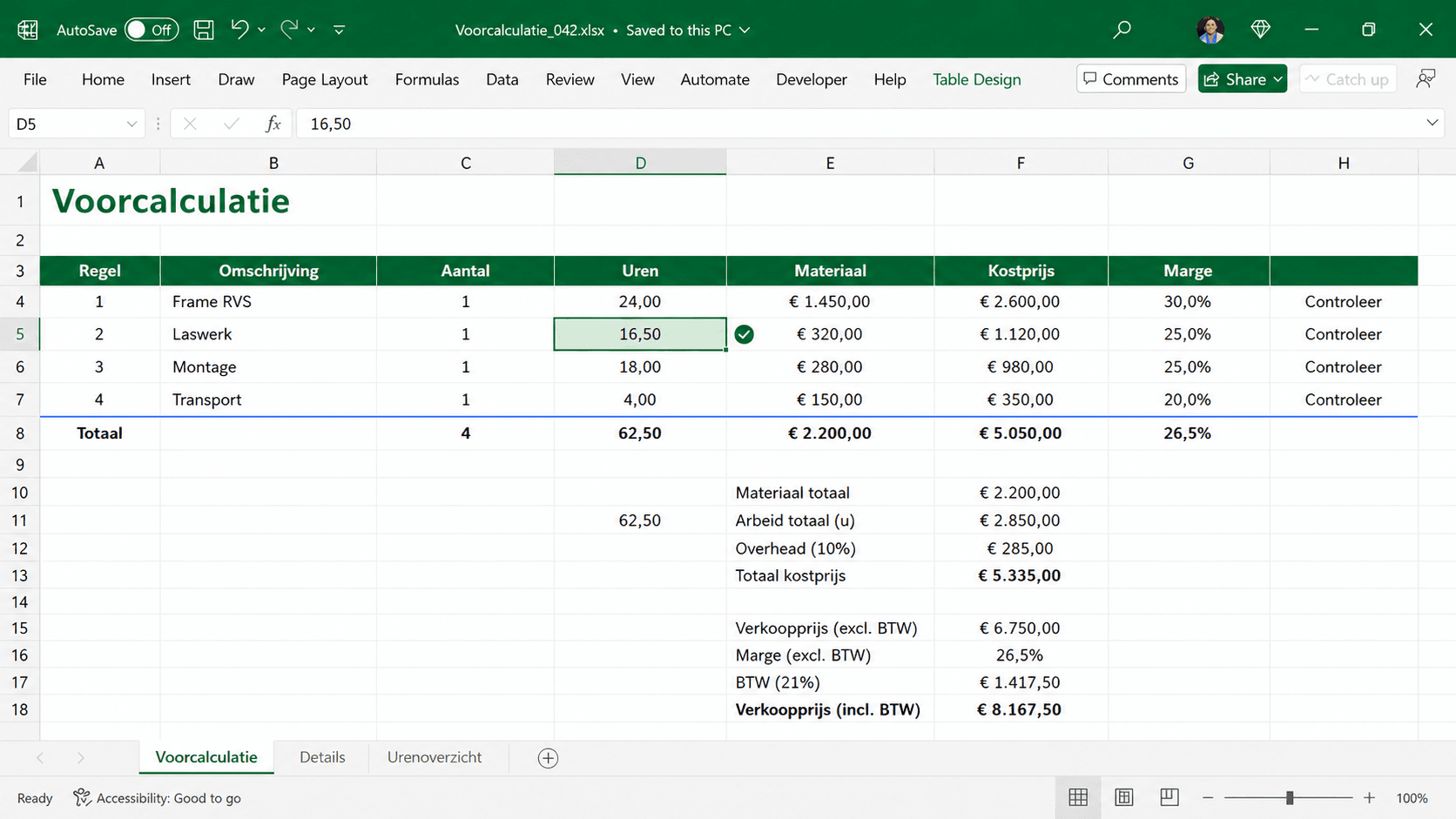 Een Excel-voorcalculatie waarin uren, materiaal, kostprijs en marge stap voor stap worden gecontroleerd.