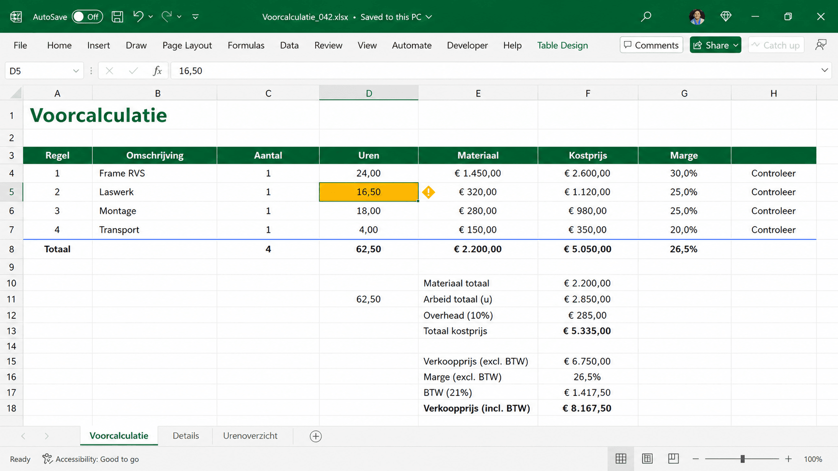 Een Excel-voorcalculatie waarin uren, materiaal, kostprijs en marge stap voor stap worden gecontroleerd.