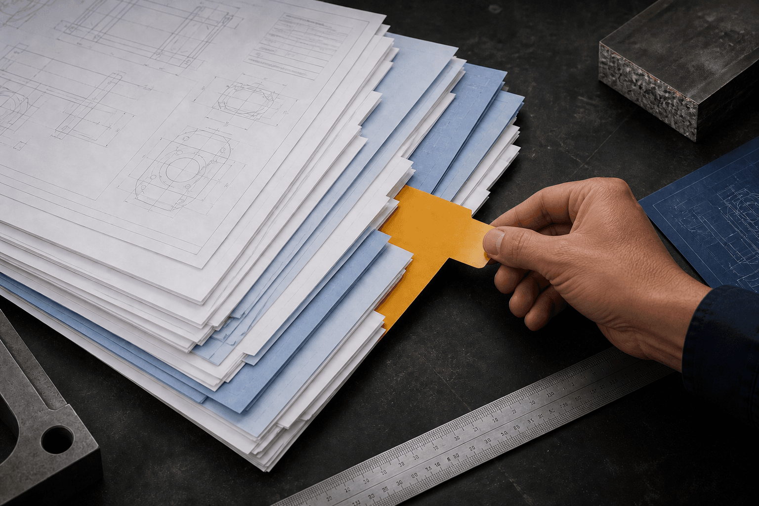 Een werkvoorraad met technische tekeningen waarin één aanvraag voor controle wordt geselecteerd.