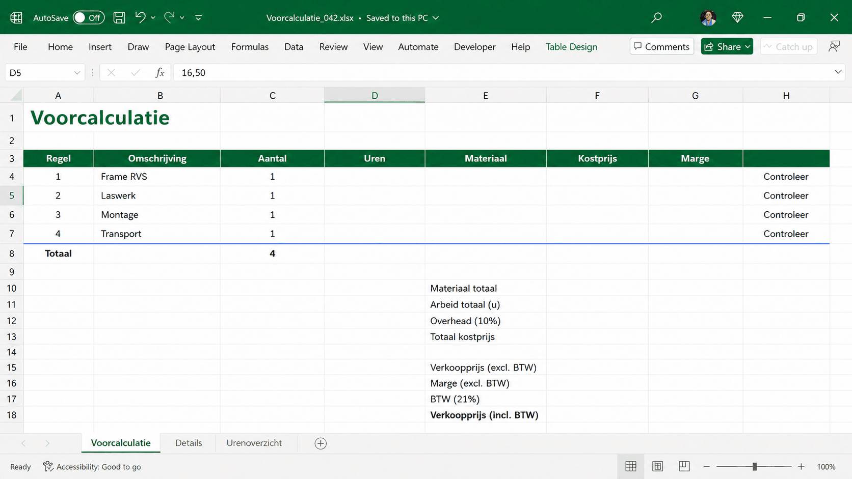Een Excel-voorcalculatie waarin uren, materiaal, kostprijs en marge stap voor stap worden gecontroleerd.