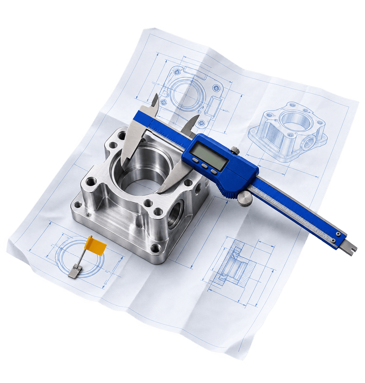 Een metalen onderdeel op een technische tekening dat met een schuifmaat wordt gecontroleerd.